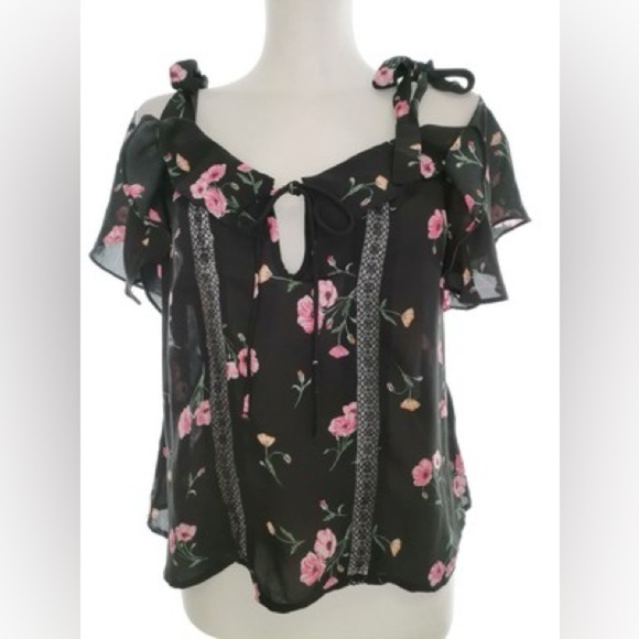 H&M Tops - H&M Floral Semi Sheer Dainty Shoulder Tie Flutter Sleeve Summer Front Bow Blouse
